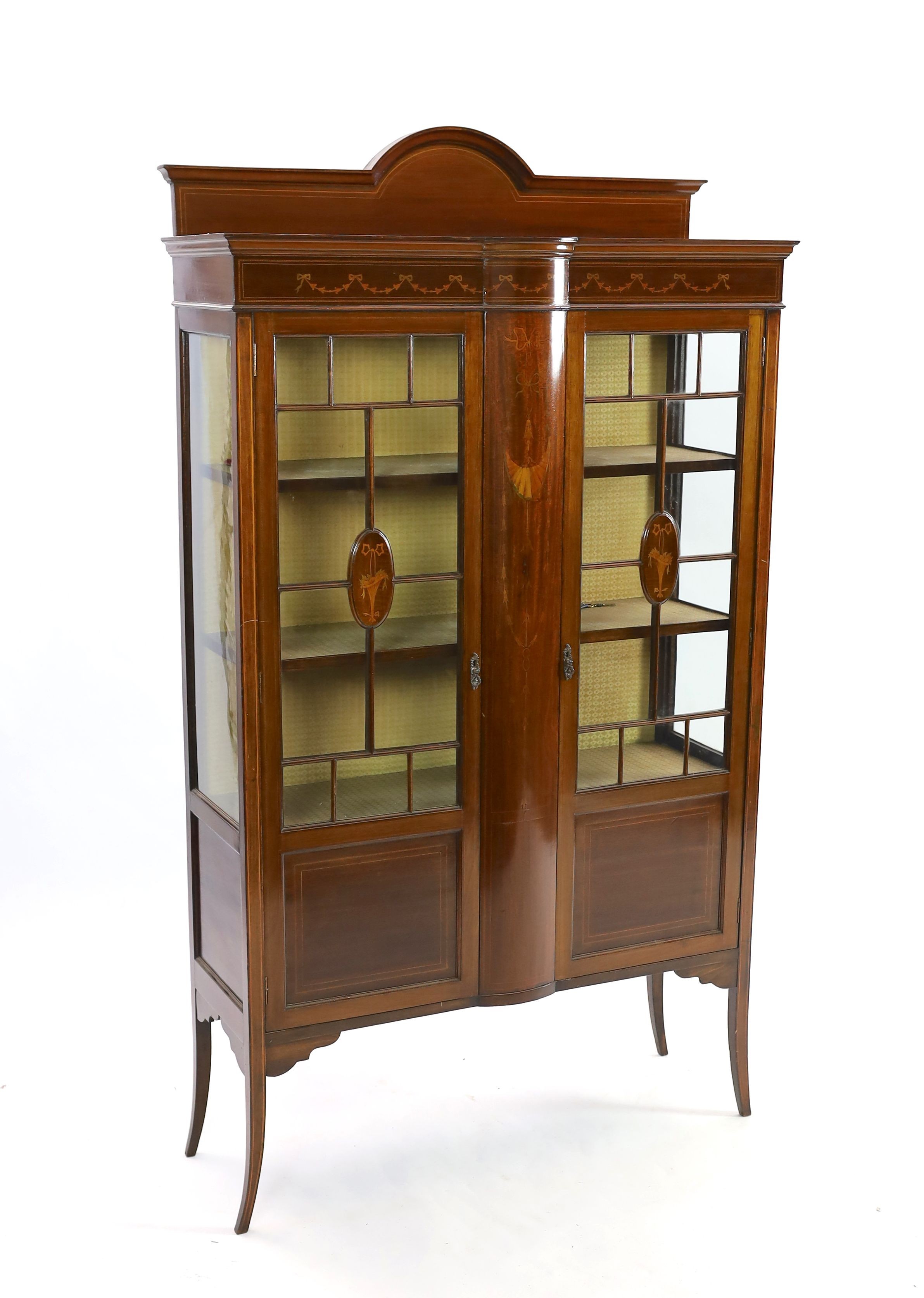 An Edwardian marquetry inlaid mahogany display cabinet, width 107cm depth 36cm height 191cm